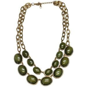 Vintage Olive Green Glass Beaded 2 Tier Chain Gold Tone Statement Necklace 20”